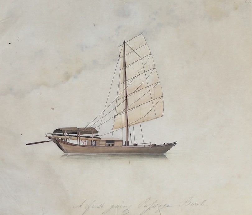 19th century Chinese School, nine gouaches on pith paper, Studies of water-going vessels, inscribed in Chinese and titled in English, giving the names and uses of the various vessels, 29 x 34cm
